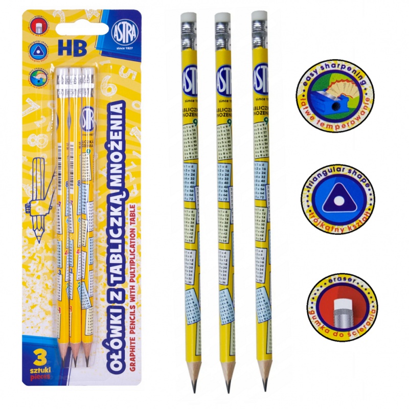 ASTRA - 3 bucăți Creion HB simplu cu gumă de șters și tabel de înmulțire, blister, 206121002