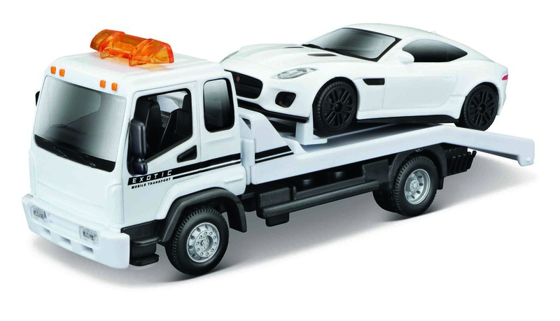 BBURAGO - Camion de remorcare plat STR FIRE 1:43, cu Jaguar F-Type R Dynamic (V6)