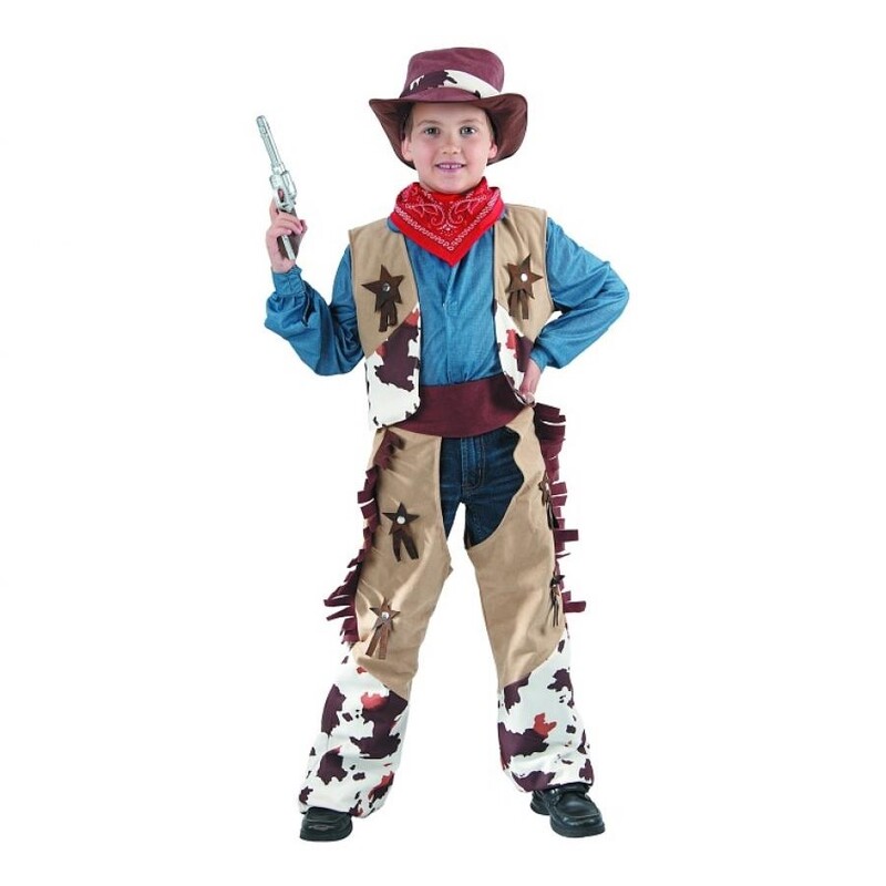 JUNIOR - Costum pentru copii Cowboy (vestă, jambiere, șapcă, eșarfă), mărimea 110/120 cm.