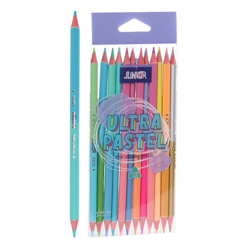 JUNIOR - Creioane colorate bicolore, triunghiulare, culori pastelate 12 buc.