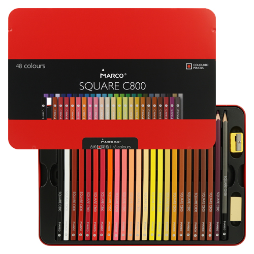 MARCO - Creioane colorate pătrate Square C800 - set de 48 în cutie de tablă