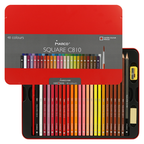 MARCO - Creioane colorate pentru acuarelă Square C810 - set de 48 de creioane colorate în cutie de tablă