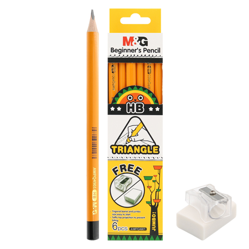 M&G - Creion de grafit Jumbo/Triangular HB - set de 6 + gumă de șters și ascuțitor de creioane