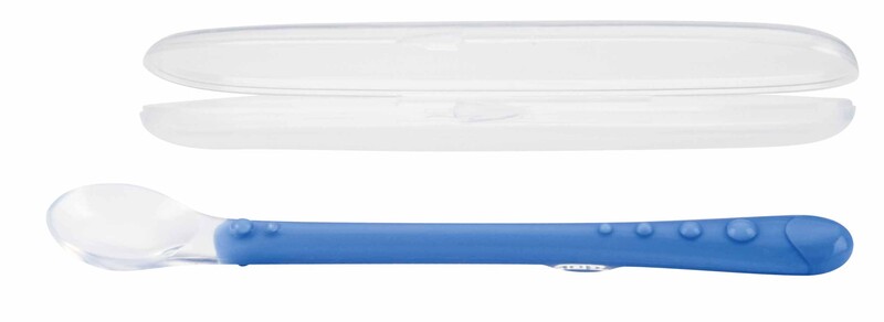 NUBY - Lingură din silicon cu mâner lung și capac 1 buc, 6 m+, albastru