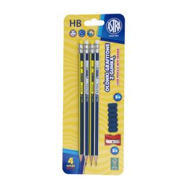 ASTRA - 4x creion HB simplu cu gumă de șters, ascuțitoare + mâner, blister, 206120009