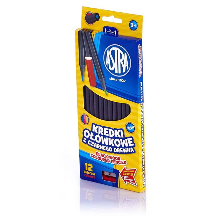 ASTRA - Creioane de colorat ergonomice din lemn negru 12 bucăți + ascuțitoare, 312114001