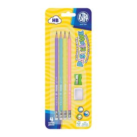 ASTRA - Pastel,4x creion HB simplu cu riglă și gumă de șters, ascuțitoare+gumă de șters, blister, 206120007