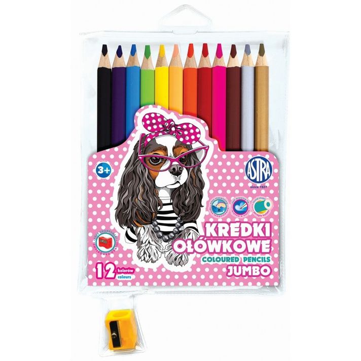 ASTRA - Creioane de colorat școlare JUMBO 12buc + ascuțitoare SWEET DOGS, 312221008