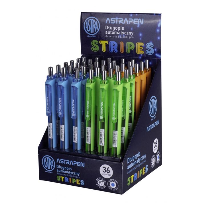 ASTRA - STRIPES, Pix cu bilă 0,7mm, albastru, rack, amestec de culori, 201121003