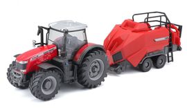BBURAGO - Tractor agricol 1:50 Massey Ferguson 8740S + dispozitiv de ridicare a presei de balotat
