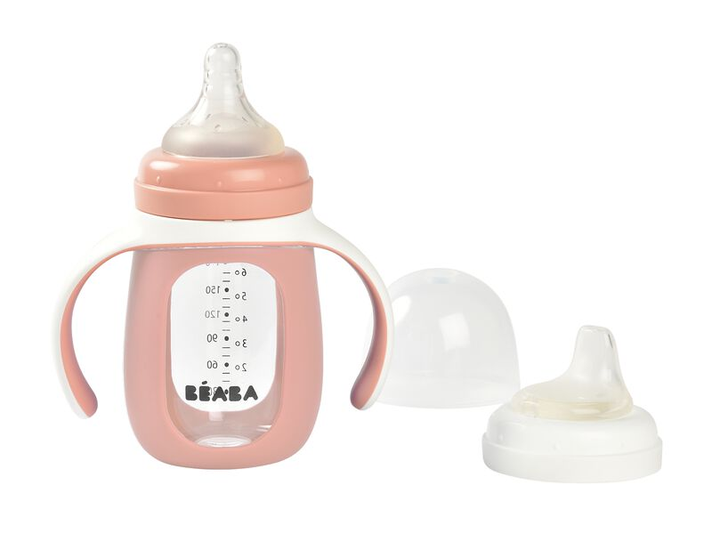 BEABA - Sticlă pentru bebeluși 2în1 210ml cu protecție siliconică Roz