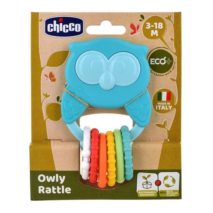 CHICCO - Teether cu zornăitor cu inele senzoriale Eco+ Owly Owl 3m+