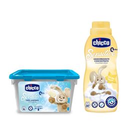 CHICCO - Capsule de gel de spălare Sensitive 16 buc + Aviváž konc. Gentle Touch 750 ml
