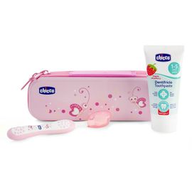 CHICCO - Set periuță de dinți și pastă de dinți cu fluor în cutie Always Smiling roz 12m+, 12m
