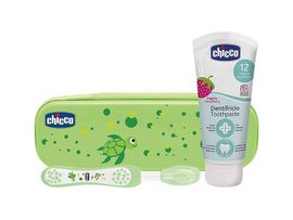 CHICCO - Set de periuță de dinți și pastă de dinți cu fluor, în cutie, Always Smiling, verde, 12 luni+.