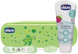 CHICCO - Set periuță de dinți cu husă + pastă de dinți Always Smiling verde 12m+