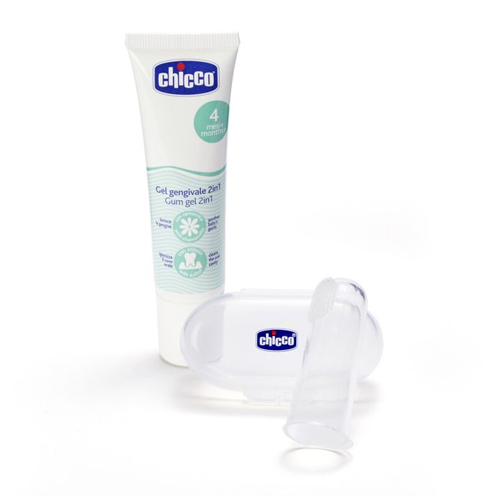 CHICCO - Set de gel de dinți calmant și periuță de degete, cu husă, 4m+.