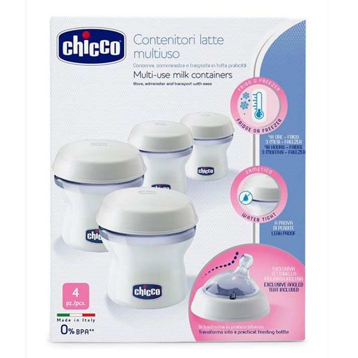 CHICCO - Recipiente multifuncționale pentru laptele matern cu mâner de sticlă Natural Feeling, 4 buc.