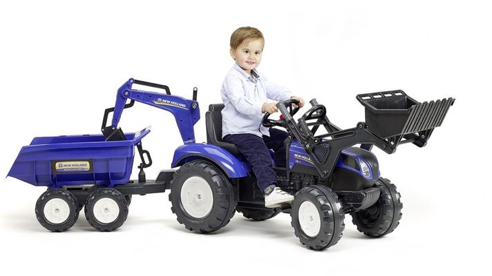 FALK - Tractor cu pedale New Holland T8 cu încărcător, excavator ?i maxi remorcă - albastru