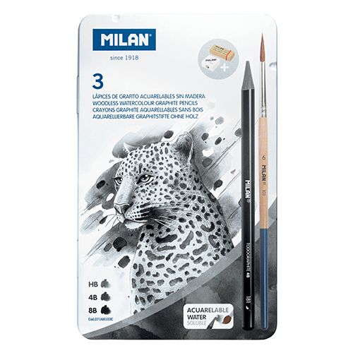 MILAN - Creioane acuarelă - set de 3 (HB/4B/8B) + 1 pensulă și 2 gume de șters în cutie metalică