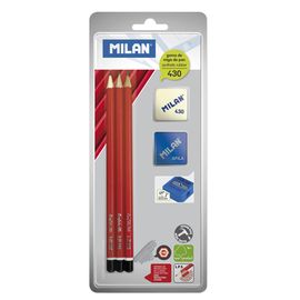 MILAN - Creion 3 x hexagonal HB + gumă de șters + ascuțitor de creioane