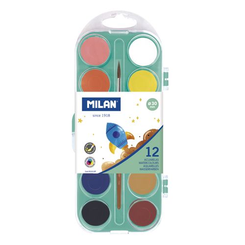 MILAN - Vopsele pentru acuarelă - 12 culori, 30 mm + pensulă