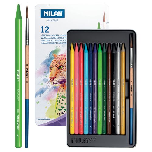 MILAN - Creioane de acuarelă rotunde cu pensulă în cutie - set de 12
