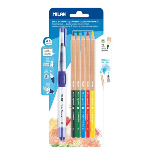 MILAN - Creioane colorate hexagonale/acvatice 5 buc. cu pensulă de apă