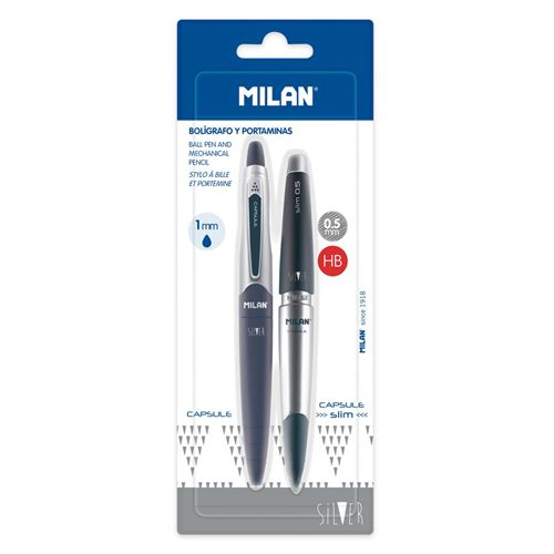 MILAN - Set stilou cu bilă Capsule Silver 1,0 mm albastru + creion mecanic