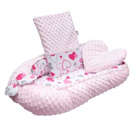 NEW BABY - Cuibușor de lux cu pernă și plapumă cu inimioare roz Minky