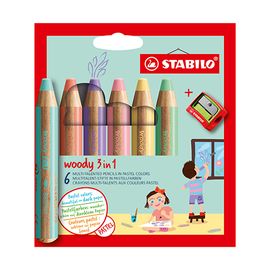 STABILO - Creion, acuarelă și creion de ceară - woody 3 în 1 - pachet de 6 bucăți cu ascuțitoare de creioane