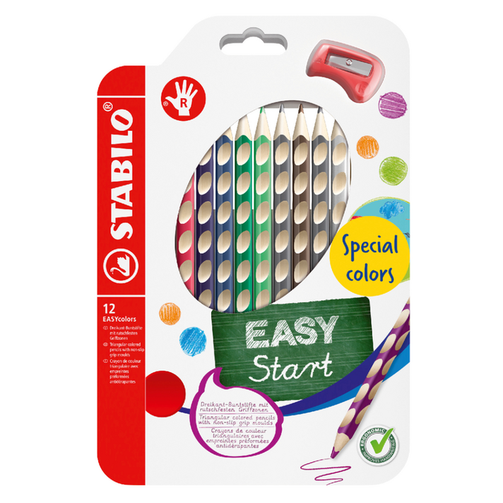 STABILO - Creioane EASYcolors pentru dreptaci - set 12 buc cu răzătoarea