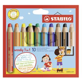 STABILO - Creioane colorate Woody 3 în 1 - creion de colorat, creion de vopsit, creion de ceară - 10 bucăți de culori diferite