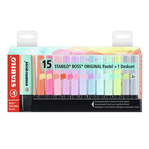 STABILO - Highlighter - BOSS ORIGINAL Pastel - set de birou de 15 bucăți - cu 14 culori diferite