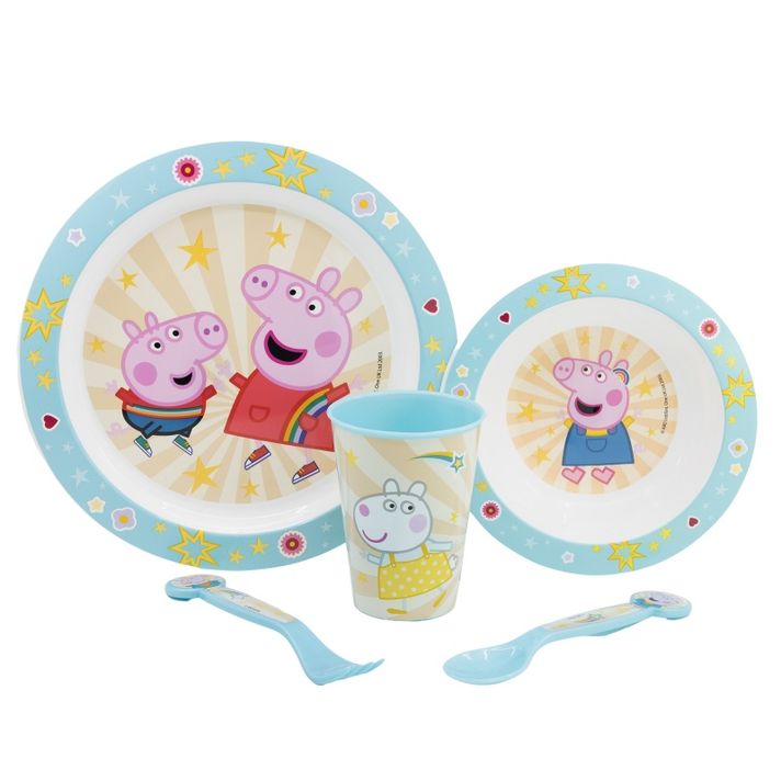STOR - Vesela de plastic pentru copii Peppa Pig (farfurie, castron, ceașcă, tacâmuri), 41260