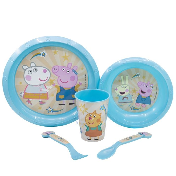 STOR - Vesela de plastic pentru copii Peppa Pig (farfurie, castron, ceașcă, tacâmuri), 52815