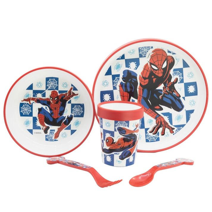 STOR - Vesela de plastic pentru copii Spiderman (farfurie, castron, ceașcă, tacâmuri), 74785