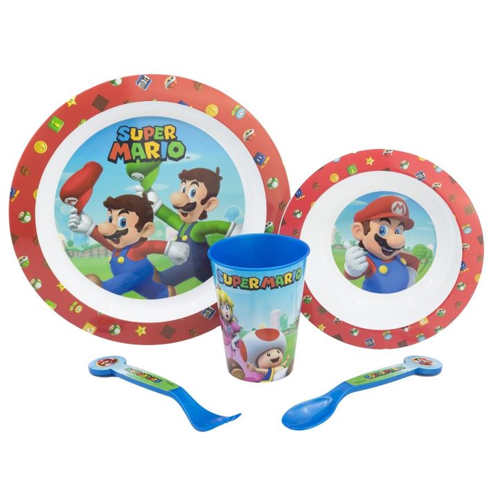 STOR - Vesela de plastic pentru copii Super Mario (farfurie, castron, ceașcă, tacâmuri), 75250
