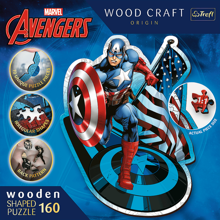 TREFL -  Puzzle din lemn 160 piese - Fearless Captain America / Disney Marvel Heroes