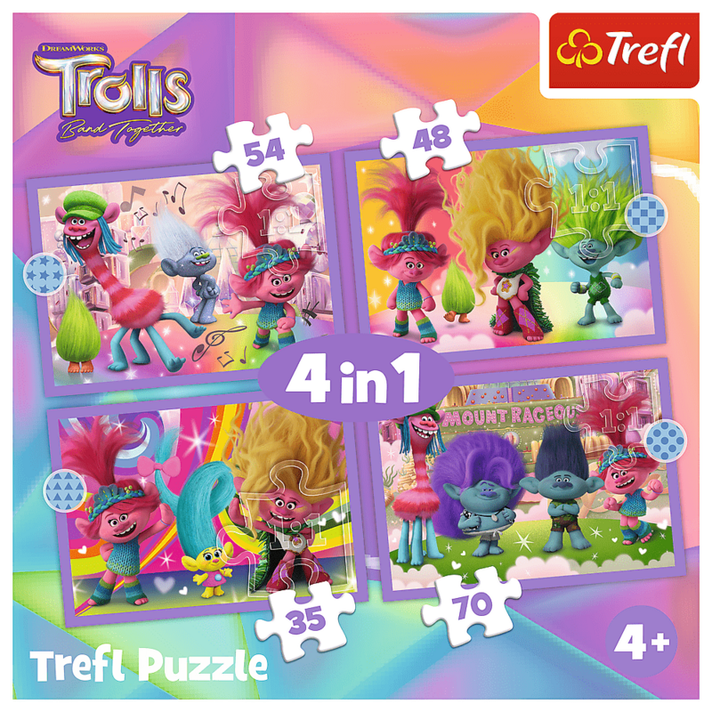TREFL -  Puzzle 4 în 1 - Aventurile trolilor colorați / Universal Trolls 3 (2023)