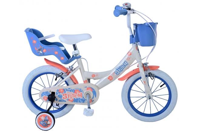 VOLARE - Bicicletă pentru copii Disney Stitch - Fete - 14 inch - Crem Coral Blue - Două frâne de mână