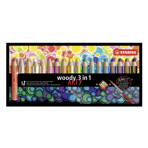STABILO - Creioane colorate Woody 3 în 1 ARTY - 18 bucăți + ascuțitor de creioane și pensulă