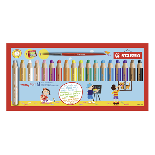 STABILO - Creioane colorate woody 3 în 1 - creion de colorat, creion cu cerneală, creion de ceară - 18 bucăți + ascuțitoare și pensulă