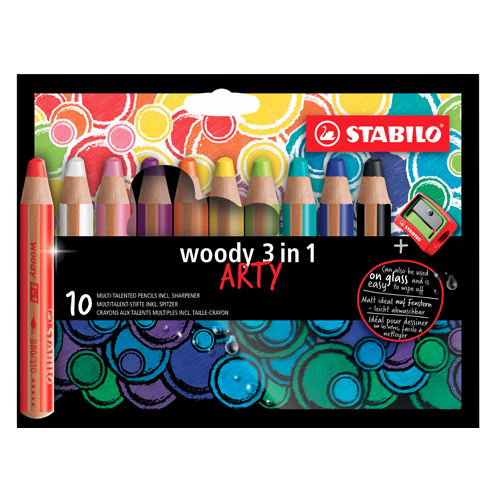STABILO - Creioane colorate lemnoase 3în1 ARTY, set de 10 creioane colorate + ascuțitor